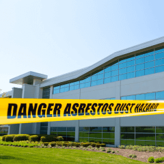 Danger asbestos sign in front of commercial building